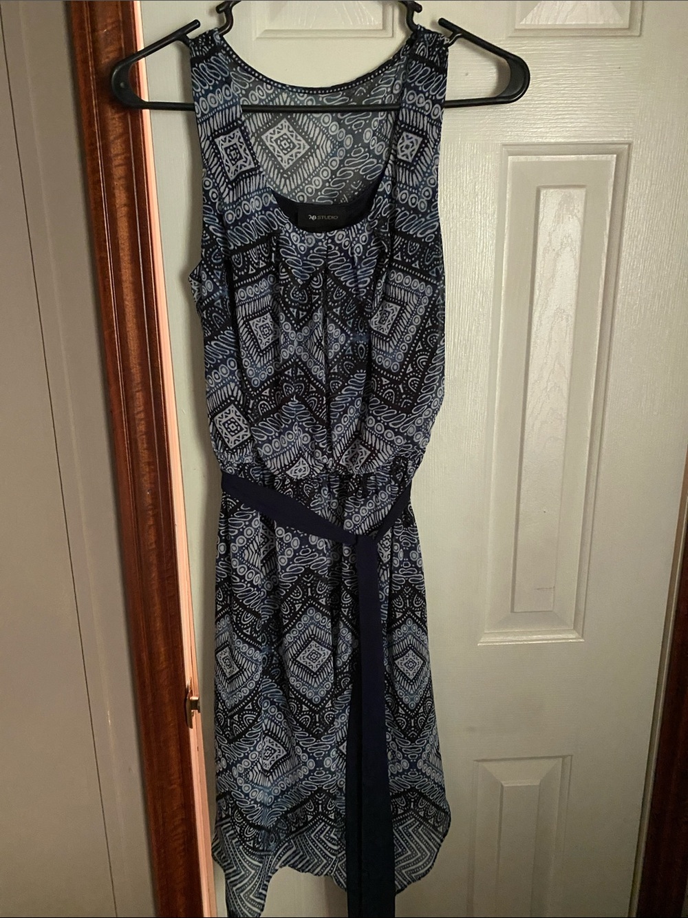 AB Studio Navy & Light Blue Patterned High-Low Belted Dress